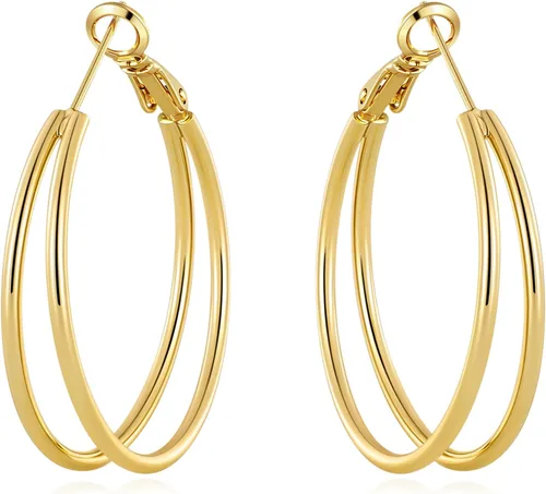 Vista 15 de Pendientes de aro dobles para mujer de moda con poste de plata de Dorado