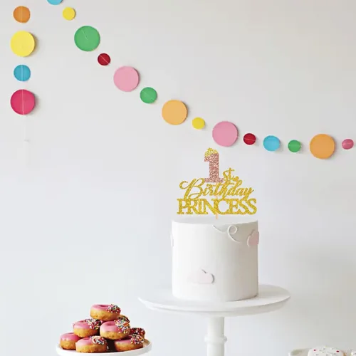 Vista 6 de Decoración de princesa para pastel de primer cumpleaños, letrero de corona brillante de oro rosa, palillos reutilizables para tartas para niñas
