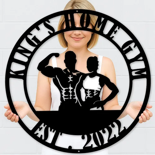 Vista 20 de Cartel de metal personalizado para gimnasio con nombre, arte de pared para sala de entrenamiento en casa, garaje, espacio de fitness, decoración