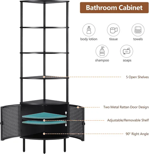 Vista 4 de Estante esquinero de 66.92 pulgadas de alto de 4 niveles, armario de baño esquinero con puertas de ratán de metal, estante de almacenamiento