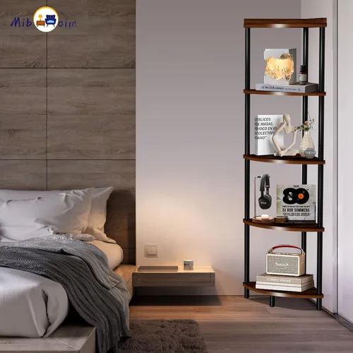 Vista 10 de Estante esquinero de madera de 5 niveles: estantería de esquina alta para sala de estar/dormitorio/baño/cocina/oficina en casa, estantes esquineros
