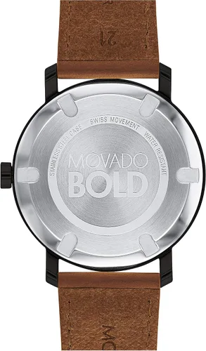 Vista 3 de Movado Bold iónico plateado caja de acero negro esfera negra correa de cuero Cognac 3600537