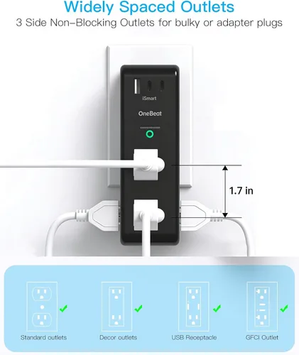 Vista 6 de Extensor de salida con protector de sobretensiones con enchufe giratorio, 6 tomas de corriente alterna con 3 puertos USB (2 USB C), cargador
