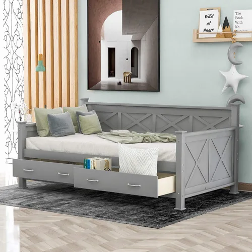 Vista 3 de Bellemave Marco de sofá cama individual con cajón, sofá cama de madera con cajones de almacenamiento, sofá cama capitán para niños (gris)