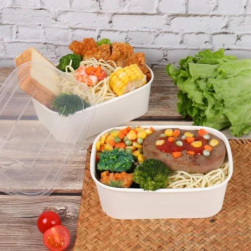 Vista 3 de Cuencos de ensalada de papel desechables de 25 onzas con tapas, recipientes rectangulares para alimentos, cuencos de sopa, suministros de fiesta