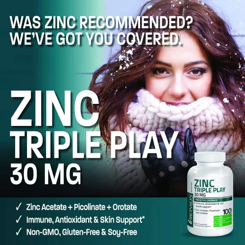 Vista 3 de Bronson Zinc Triple Play 30 mg Triple Cobertura Apoyo Inmune con Acetato de Zinc, Picolinato y Orotato - Apoyo inmunológico, antioxidante