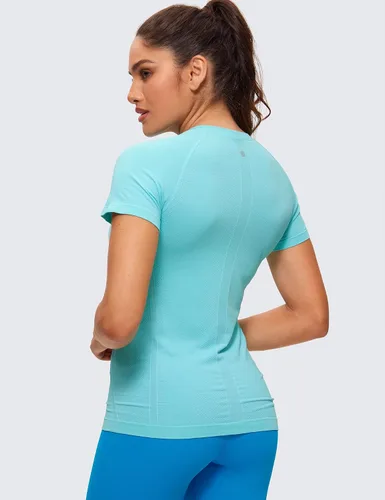 Vista 2 de CRZ YOGA Seamless Workout Tops for Women Short Sleeve Athletic Tees Breathable Gym Running Yoga Tshirts Shirts