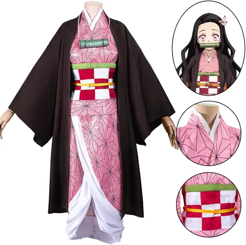 Vista 2 de Nezuko - Disfraz de cosplay de anime japonés de Nezuko, disfraz de Nezuko, bata para niños, kimono de Halloween con accesorios de bambú