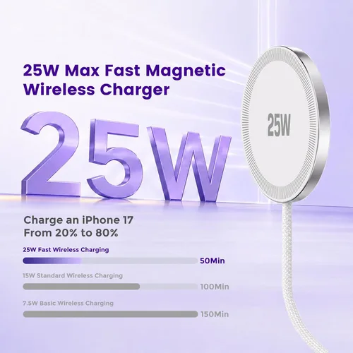 Vista 2 de Cargador inalámbrico magnético de 25 W: almohadilla de carga rápida para iPhone 17, 16, 15, 14, 13, 12 Pro Max, Samsung Galaxy S26 S25, Google Pixel