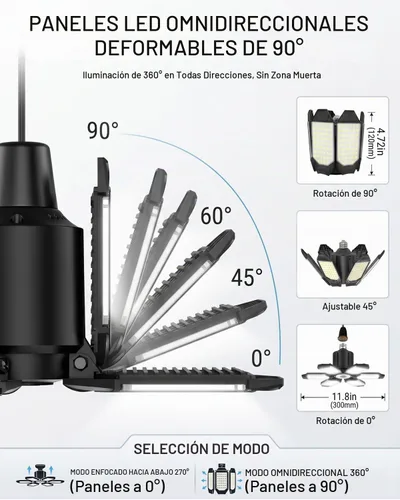 Vista 4 de BRAINIAC Bombillas LED de garaje de 100 W con 6 paneles ajustables, E26/E27 tornillo de enchufe, luz LED de techo de garaje deformable para almacén