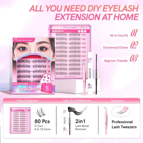 Vista 2 de MLEN DIARY Kit de 80 racimos de pestañas naturales, rizo C, kit de extensiones de pestañas con pinzas removedoras de pestañas de 0.335-0.492 in
