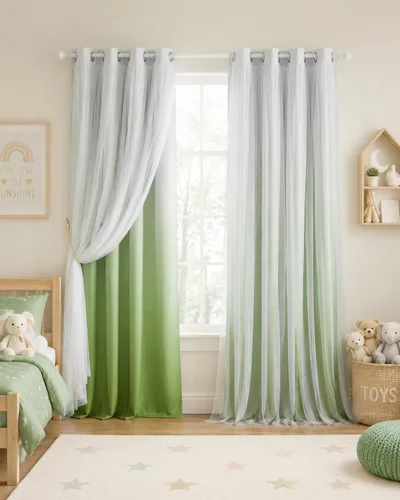 Vista 8 de PONY DANCE Cortinas para Sala de Estar - Cortinas Opacas Gris Degradado con Superposición de Gasa Blanca Térmicamente Aisladas Mezcla y Combina