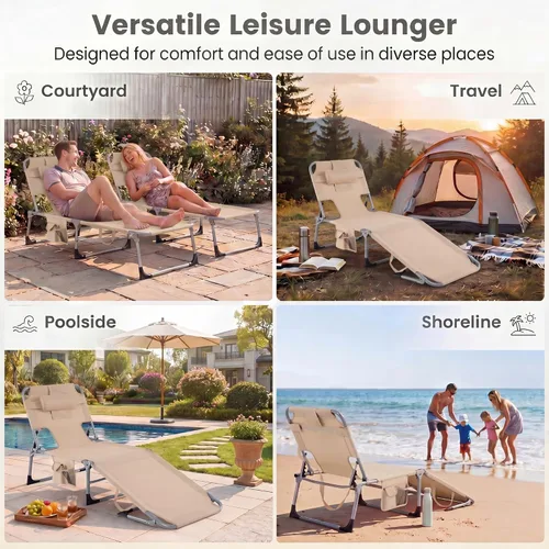 Vista 5 de Goplus Silla bronceadora, silla de playa plegable con agujero para cara y brazo, posición ajustable, almohada extraíble, bolsillo lateral, silla