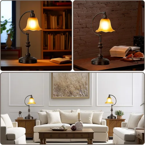 Vista 4 de RORIA Touch Farmhouse - Lámpara de mesa para sala de estar, lámpara de mesa de noche rústica regulable de 3 vías con puertos USB A+C, lámpara retro