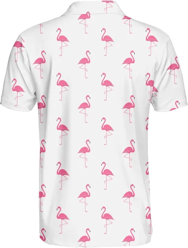 Vista 2 de Polo de manga corta con flamenco rosa en blanco para hombre, polos para hombres, camisas de golf para hombre, polo de manga corta