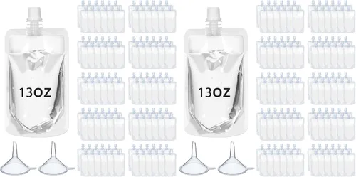 Vista 10 de 100 bolsas de plástico reutilizables a granel, bolsas de plástico transparente a prueba de fugas para jugos con embudo para suministros de fiesta