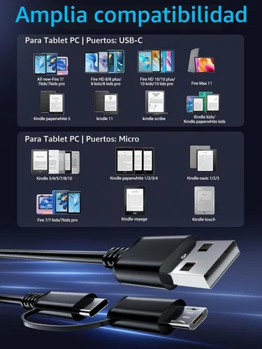 Vista 5 de Cargador rápido para tableta Amazon Fire, cable micro USB C de carga para Kindle Paperwhite, Fire HD 10 8 7 Plus, Max 11, Kids Pro, Edition Voyage