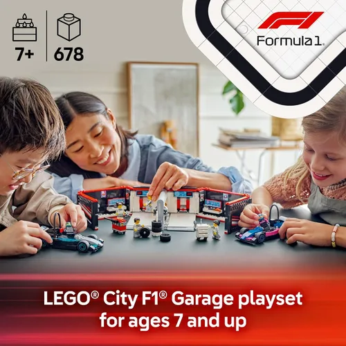 Vista 2 de LEGO City F1 Garage & Mercedes-AMG y Alpine Cars Toy – Modelo de juguete de construcción de autos de carreras y juego portátil para niños, niños
