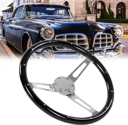 Vista 5 de Volante clásico, volante universal de grano de madera de 14.961 in/15 pulgadas, agarre de nogal con 3 radios remachados 6 agujeros, modificación