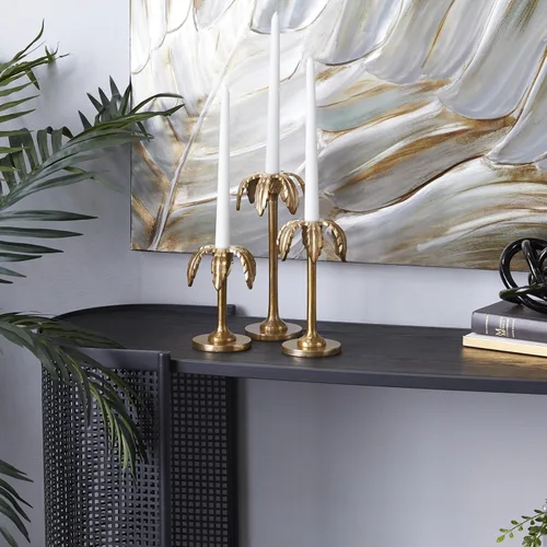Vista 3 de Deco 79 Portavelas decorativo de metal de aluminio, soporte de vela de palmera, juego de 3 candelabros de 6 pulgadas, 8 pulgadas, 10 pulgadas