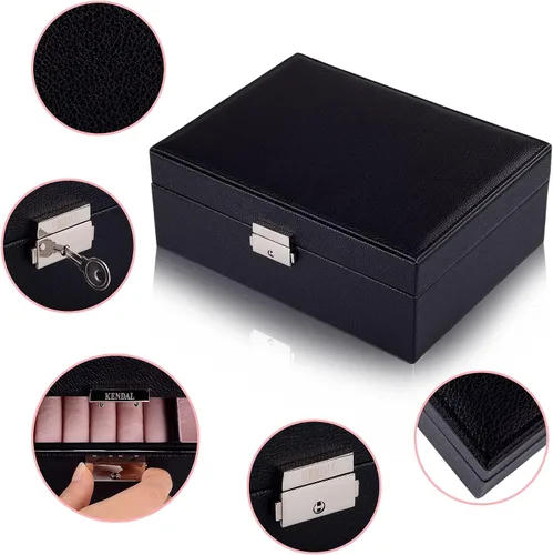 Vista 3 de Kendal 2 bandejas de cuero negro viaje joyero caja organizador de almacenamiento con cerradura LJT004BK