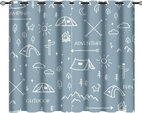 Vista 31 de Cortinas abstractas con estampado de cámper de caricaturas, divertido tema de aventura, campamento, montañas, vida silvestre, oso, tratamiento