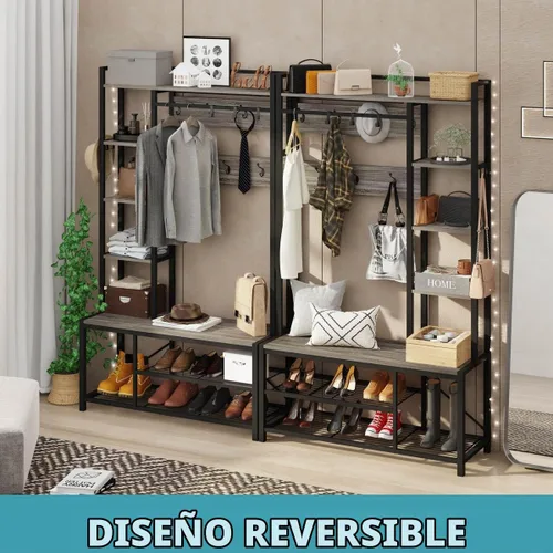 Vista 4 de BON AUGURE Árbol de pasillo con banco y almacenamiento para zapatos, banco de entrada con perchero, árbol de abrigos de madera y metal con ganchos