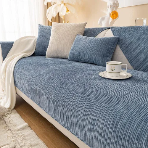 Vista 10 de vctops funda suave de felpilla para sofá, funda sólida con textura de tejido a rayas para sofá seccional, funda lavable antideslizante para sofá