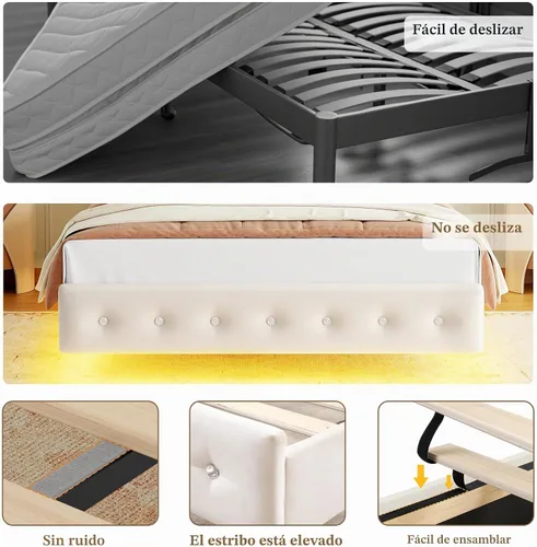 Vista 6 de Keyluv Marco de cama Queen con cabecera tapizada con patrón de mariposa, cama flotante moderna con luces LED, botones tapizados en cabecera y Beige