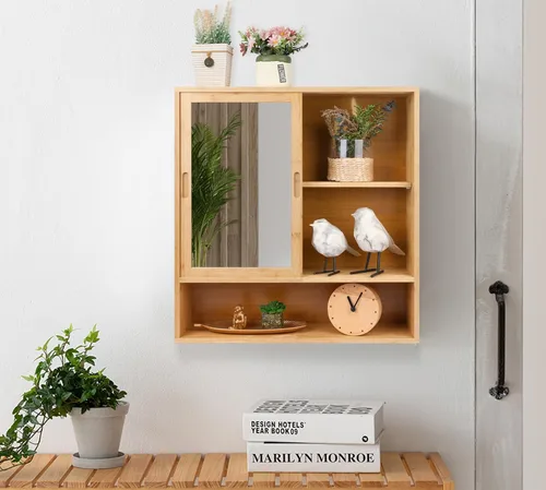 Vista 6 de ZYBT Gabinete de Baño de Bambú, Gabinetes de Medicina con Espejo, Gabinete de Baño Montado en la Pared con Almacenamiento, Gabinetes de Medicina