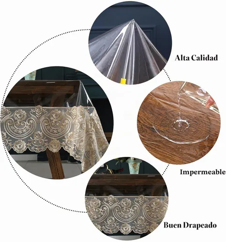 Vista 5 de Mantel rectangular de plástico transparente de vinilo impermeable, borde de encaje bordado, mantel transparente para comedor, cocina al aire libre