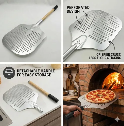 Vista 4 de Pala de pizza de aluminio de 14 x 12 pulgadas con mango de madera de haya desmontable Paleta perforada antiadherente de metal para lanzar, girar