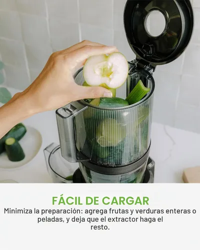 Vista 4 de NAMA J2 Extractor de jugo de prensado en frío – Autoalimentación para operación sin manos con tolva de boca ancha para carga de receta completa Negro