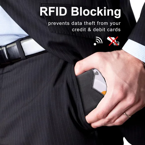 Vista 4 de GSOIAX Cartera delgada para hombre, piel auténtica, piel vacuna minimalista con bloqueo RFID y caja de regalo, Negro -, Slim