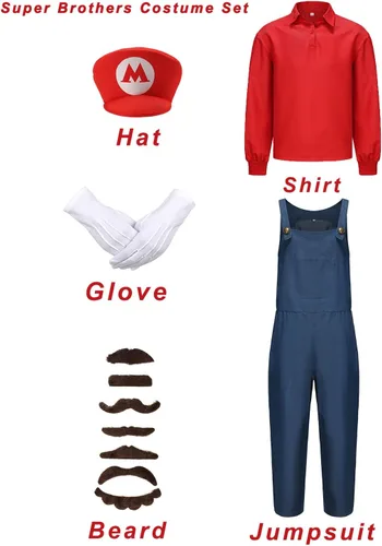 Vista 2 de Super Brothers Costume Adult Men Halloween Costume Cosplay Jumpsuit Shirt with Hat Beard Gloves Plumber Hero