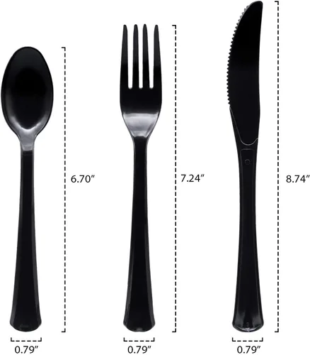 Vista 2 de Party Essentials - Paquete combinado de cubiertos de plástico extra resistentes, tamaño completo, cuchillos/tenedores/cucharas, negro, juego para 8