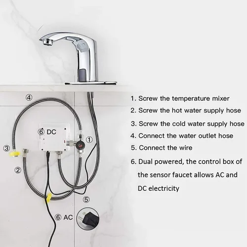 Vista 4 de Grifo de lavabo de baño sin contacto automático cromado con drenaje de placa de cubierta Dual-Powered Vanity Faucets Hands Free Water Tap with