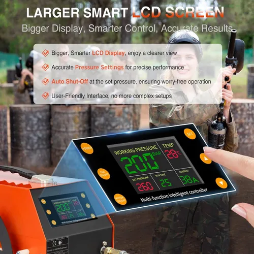 Vista 3 de Compresor de aire PCP 4500 PSI / 30 MPa, motor de 350 W, pantalla LCD, parada automática, sin agua/aceite, adaptador integrado de 600 W, 12 V CC