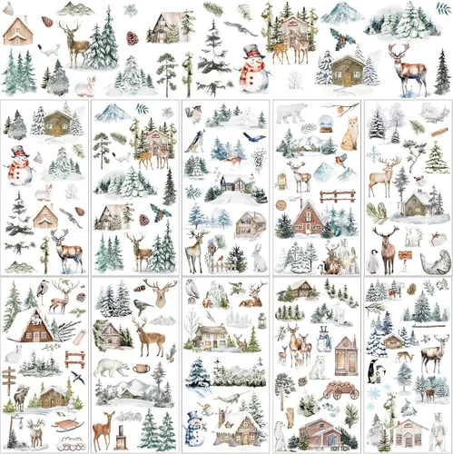 Vista 15 de Lincia - 10 hojas de calcomanías navideñas para manualidades y muebles, calcomanías de transferencia por fricción, muñeco de nieve, gnomo, reno