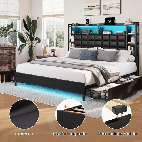 Vista 9 de LARMACE Marco de cama de madera tamaño queen con cajones de almacenamiento