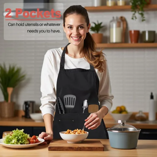 Vista 3 de Paquete de 2 delantales de cocina ajustables para mujeres y hombres con bolsillos, delantal de trabajo, parrilla, restaurante