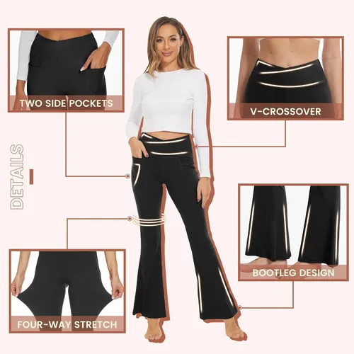 Vista 4 de QGGQDD Leggings negros acampanados para mujer, pantalones de yoga cruzados con bolsillos, leggings de cintura alta con corte de bota