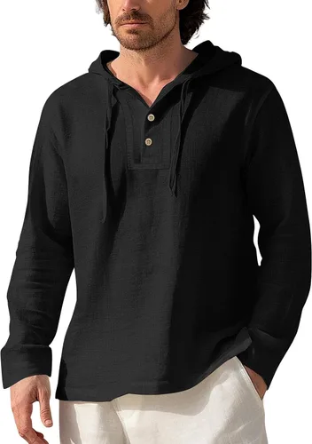 Vista 8 de Sudaderas con capucha de algodón y lino para hombre, manga larga, cuello en V, con botones, con capucha, protección solar, ligera, para la playa