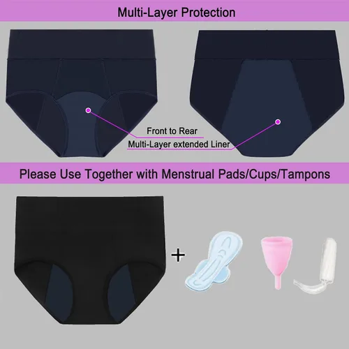Vista 2 de Ropa interior de período para mujer, de algodón, a prueba de fugas, fácil de limpiar, para adolescentes, niñas y niñas, Negro B-3 Packs