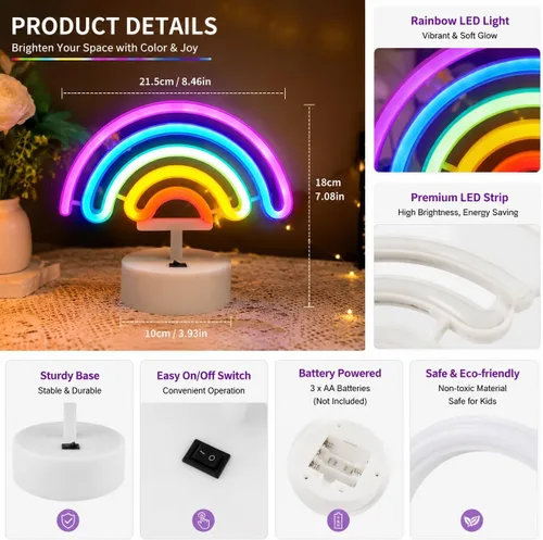 Vista 2 de Letrero de neón arcoíris con base, letreros de luz de neón arcoíris, lámpara LED para habitación de bebé, luces de noche de mesa alimentadas por USB