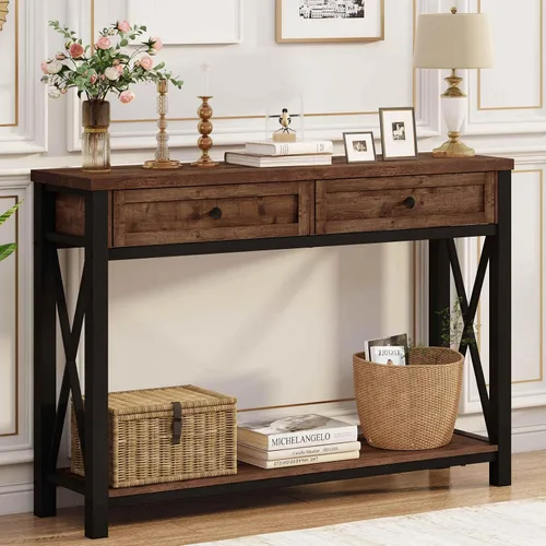 Vista 16 de BON AUGURE - Mesa de consola rústica detrás del sofá, mesa industrial de entrada con estantes, mesas de sofá de 3 niveles estilo granja para sala