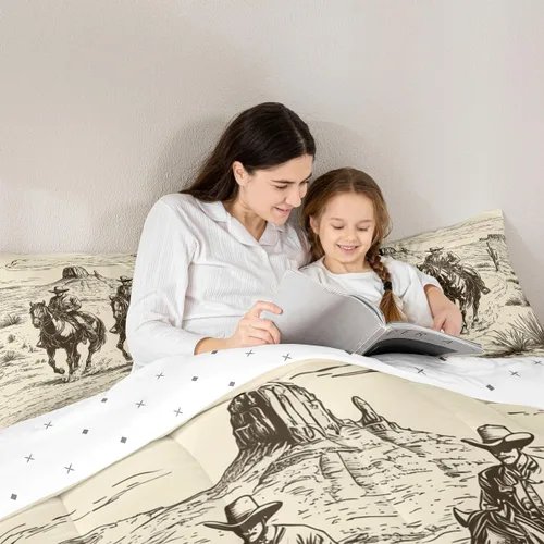 Vista 5 de Feelyou, juego de ropa de cama estilo vaquero tamaño individual para niños, juego de edredón occidental para niños y niñas, desierto del lejano