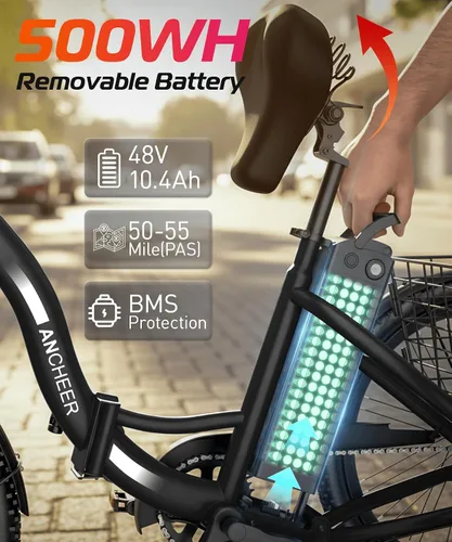 Vista 2 de ANCHEER Triciclo eléctrico para adultos, triciclo eléctrico plegable de pico de 600 W, bicicleta eléctrica de 24 pulgadas y 499 Wh para personas