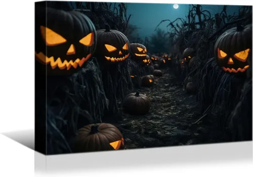 Vista 13 de YONICA Decoración de pared de calabaza de Halloween, lienzo, pósteres de pintura para decoración del hogar, arte de pared, imágenes en lienzo HD