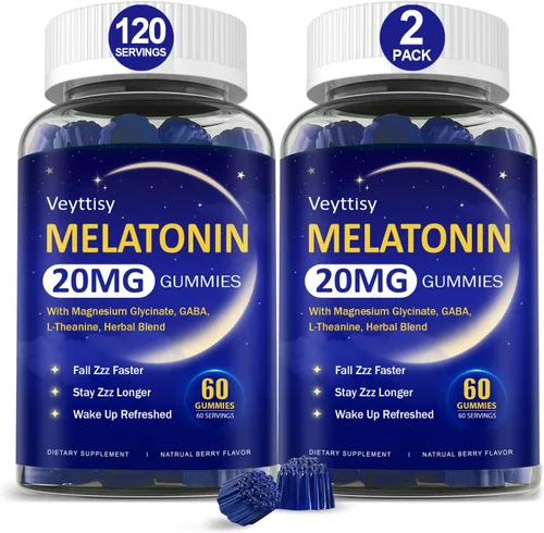 Vista 10 de Gomitas de melatonina de 20 mg para adultos, suplemento gomoso de melatonina de máxima fuerza con glicinato de magnesio, B6, B12, L-teanina, GABA